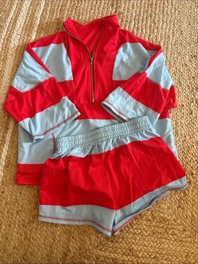 Amazon Kids Red and Light Blue Striped Swim Rashguard Set